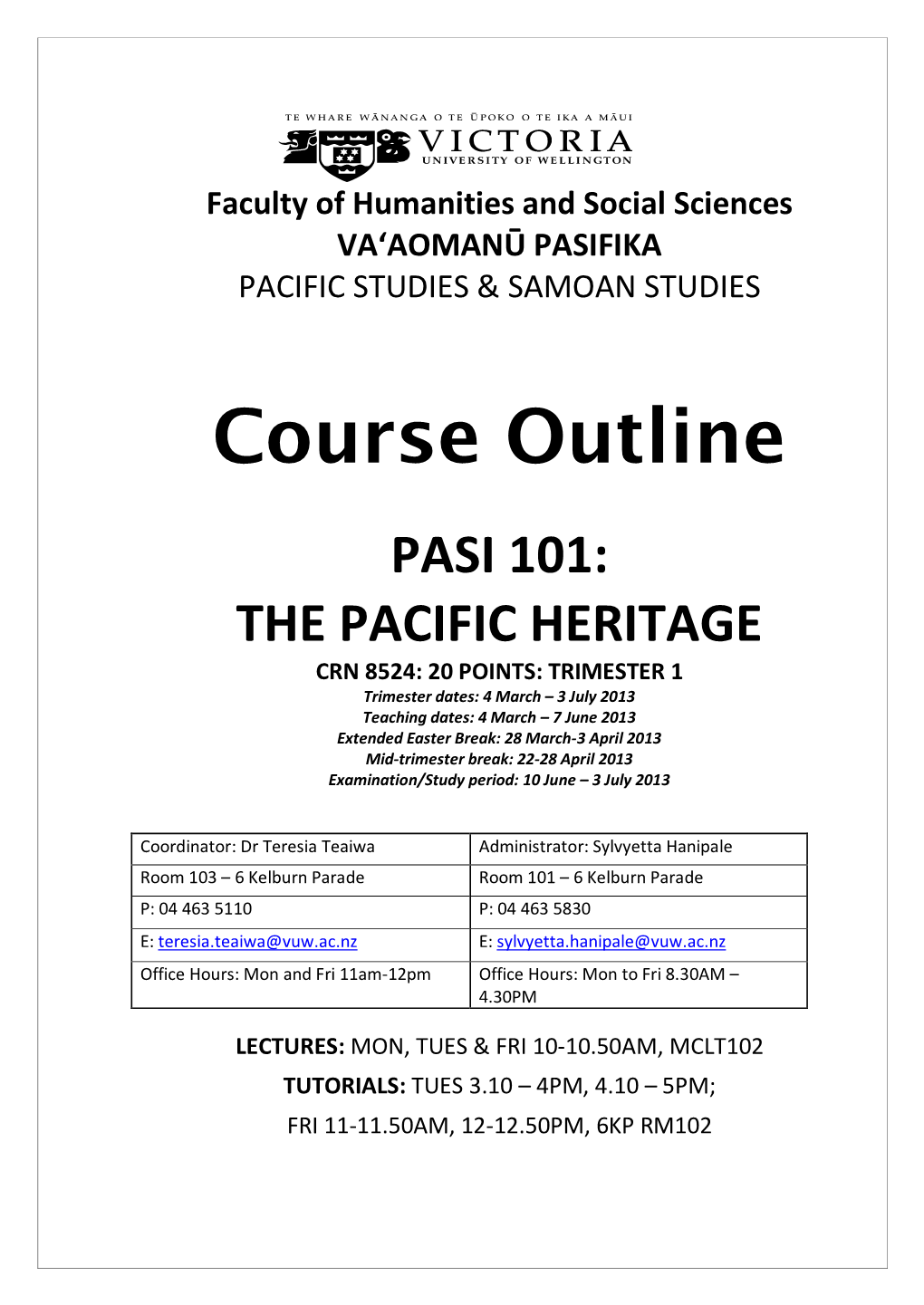 Course Outlines for PASI101 1 2013