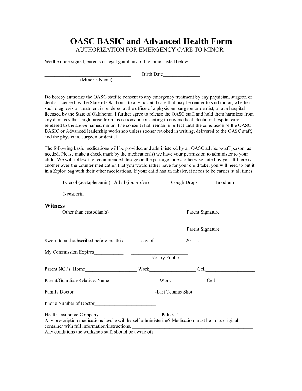 OASC BASIC and Advanced Health Form