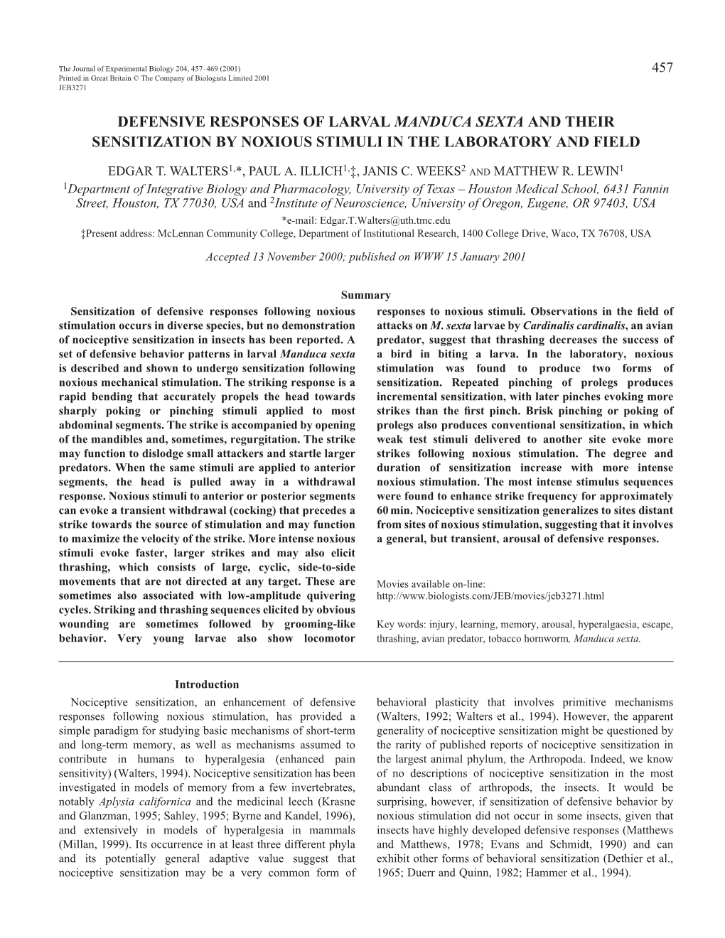 Nociceptive Sensitization in Manduca Sexta 459