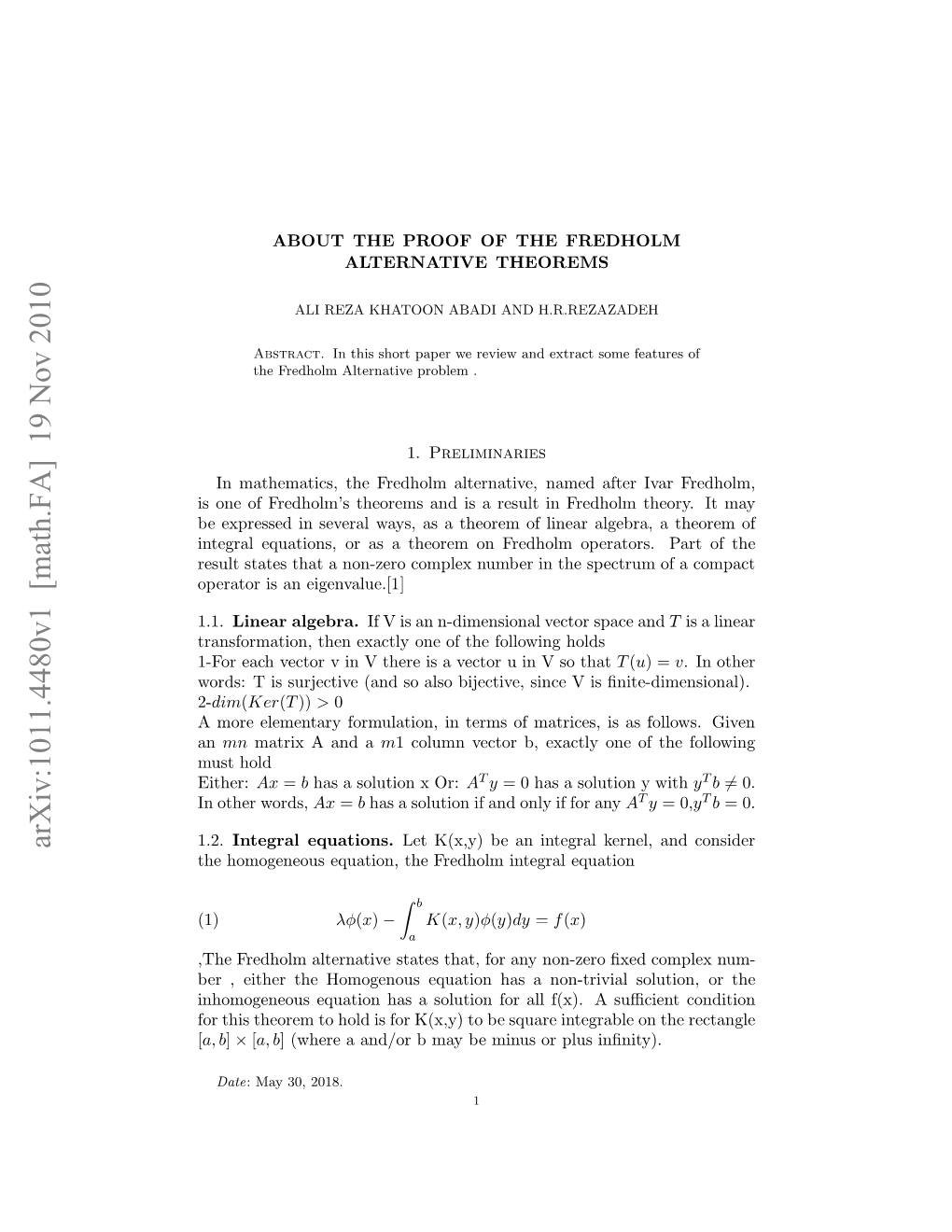 Arxiv:1011.4480V1 [Math.FA] 19 Nov 2010 Nerleutos Ra Hoe Nfehl Prtr.P 1.1