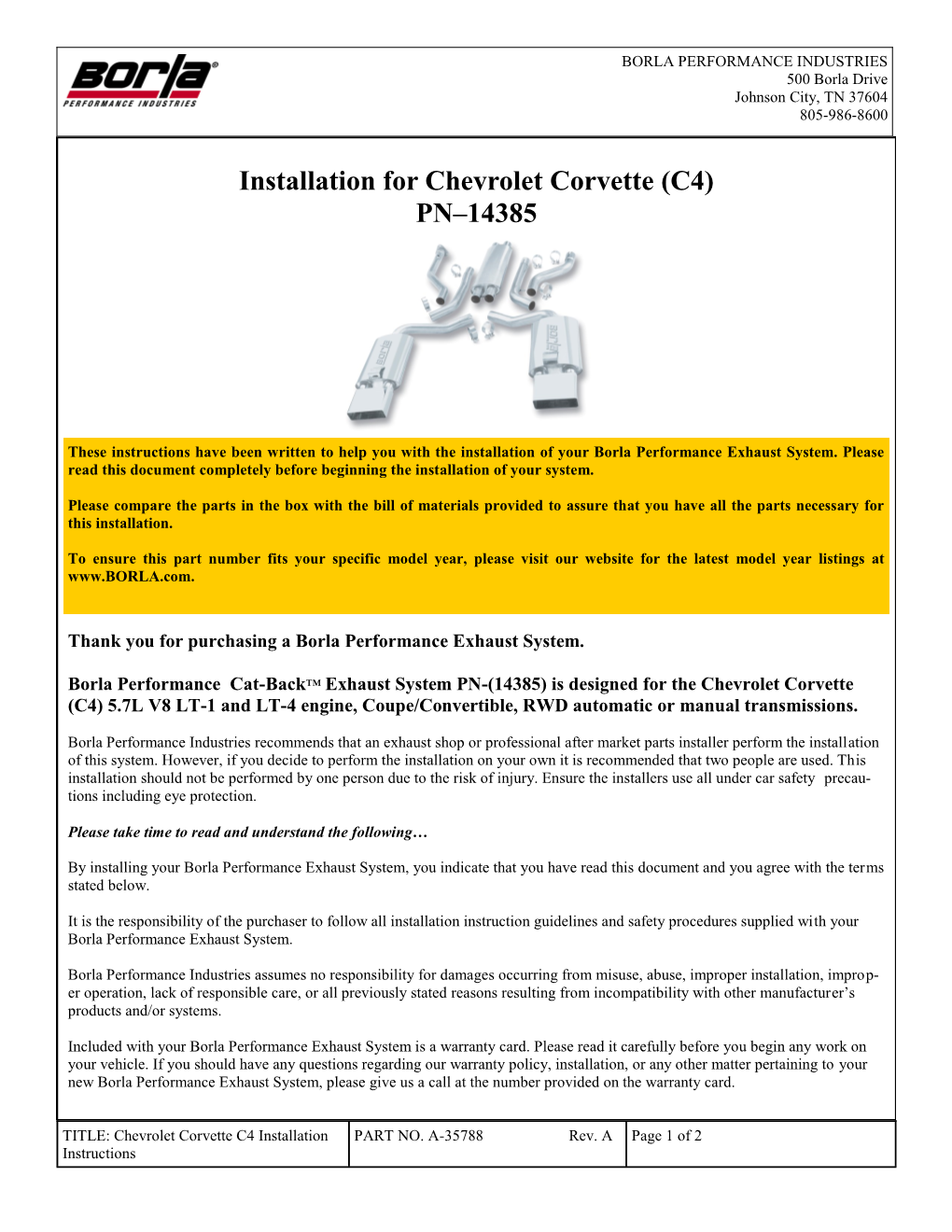 Installation for Chevrolet Corvette (C4) PN–14385