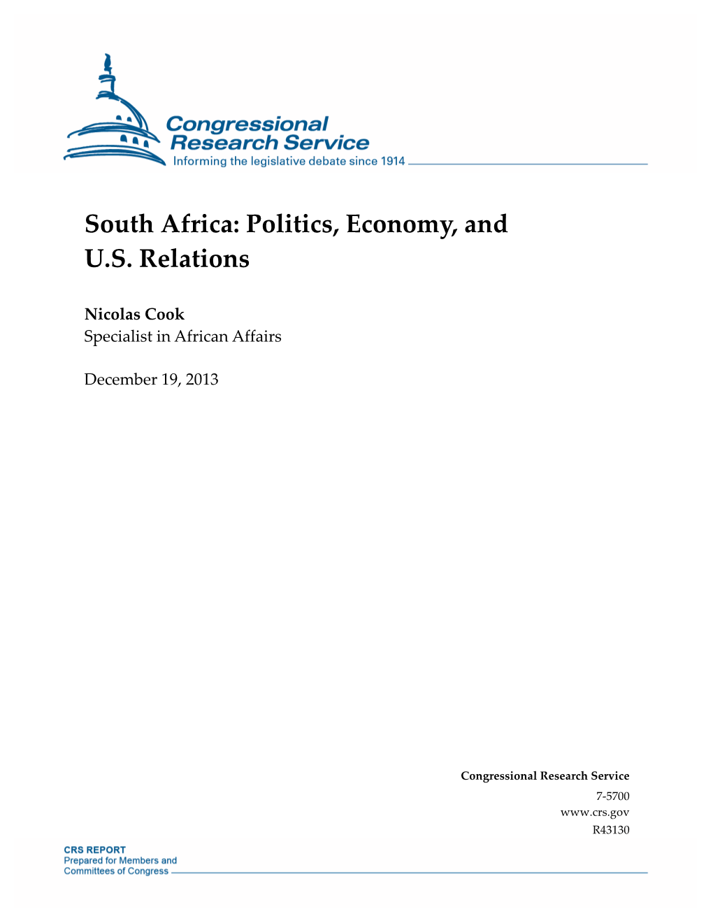 South Africa: Politics, Economy, and U.S. Relations