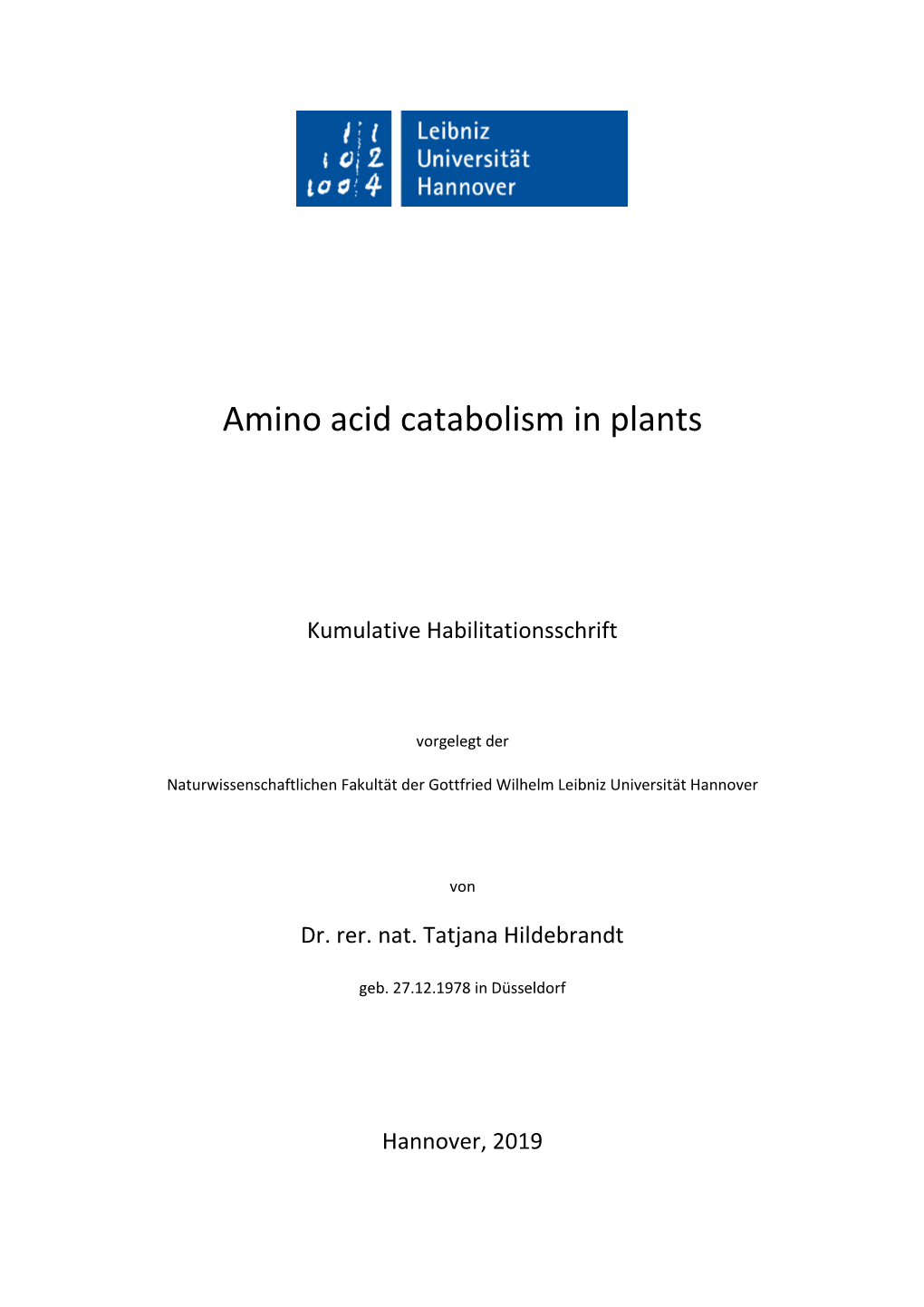 Amino Acid Catabolism in Plants