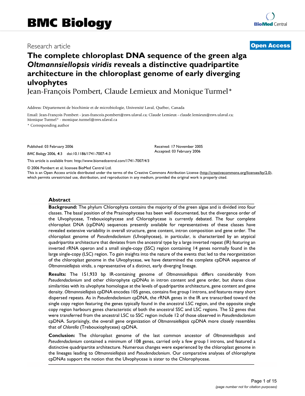 The Complete Chloroplast DNA Sequence of the Green Alga