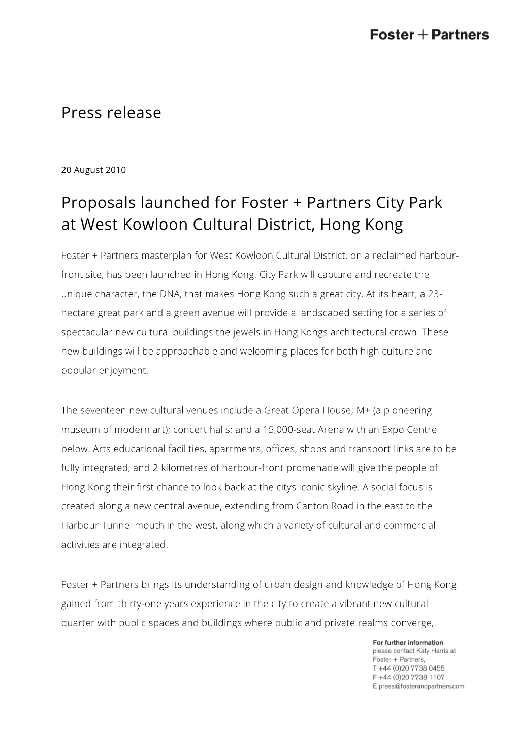 Press Release Proposals Launched for Foster + Partners City Park at West