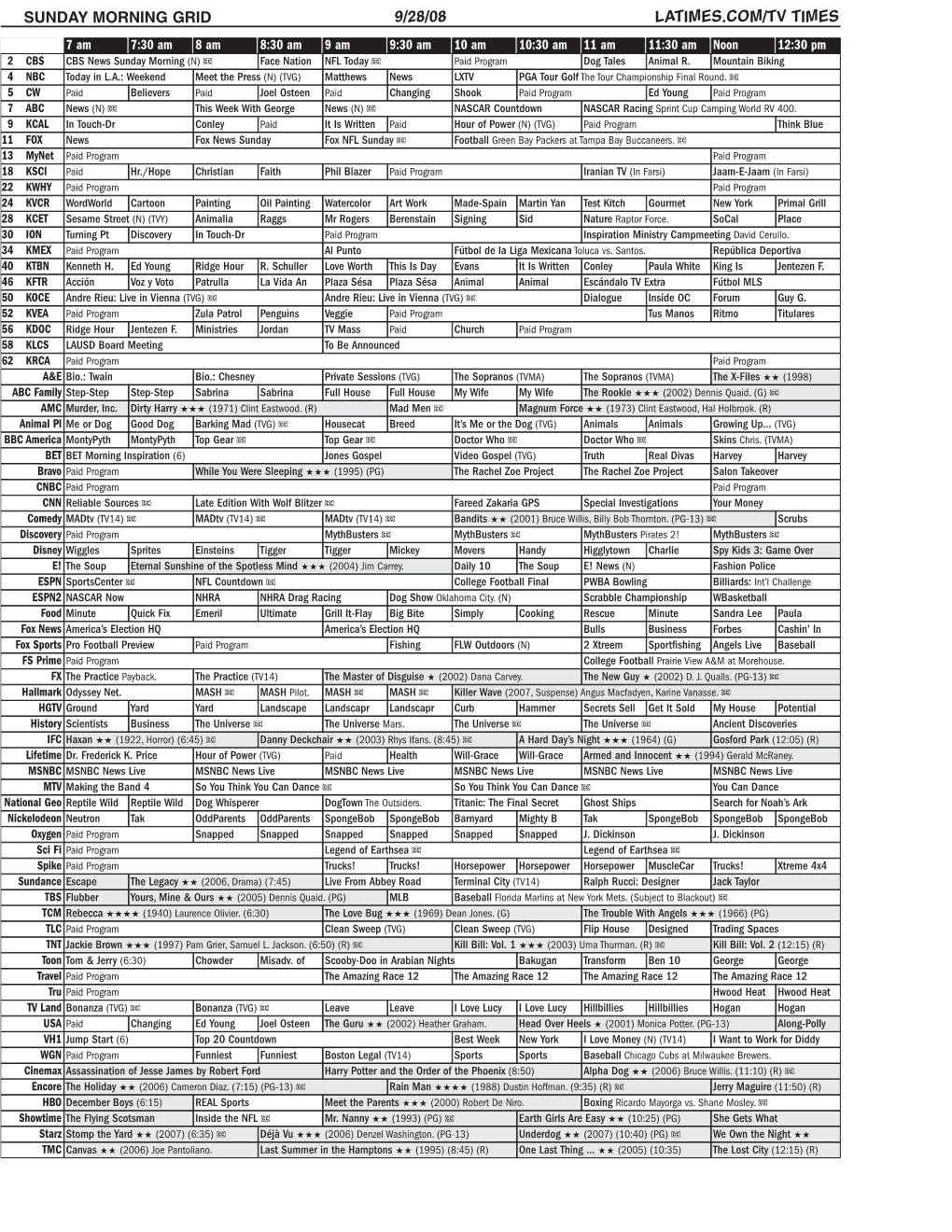 Sunday Morning Grid 9/28/08 Latimes.Com/Tv Times