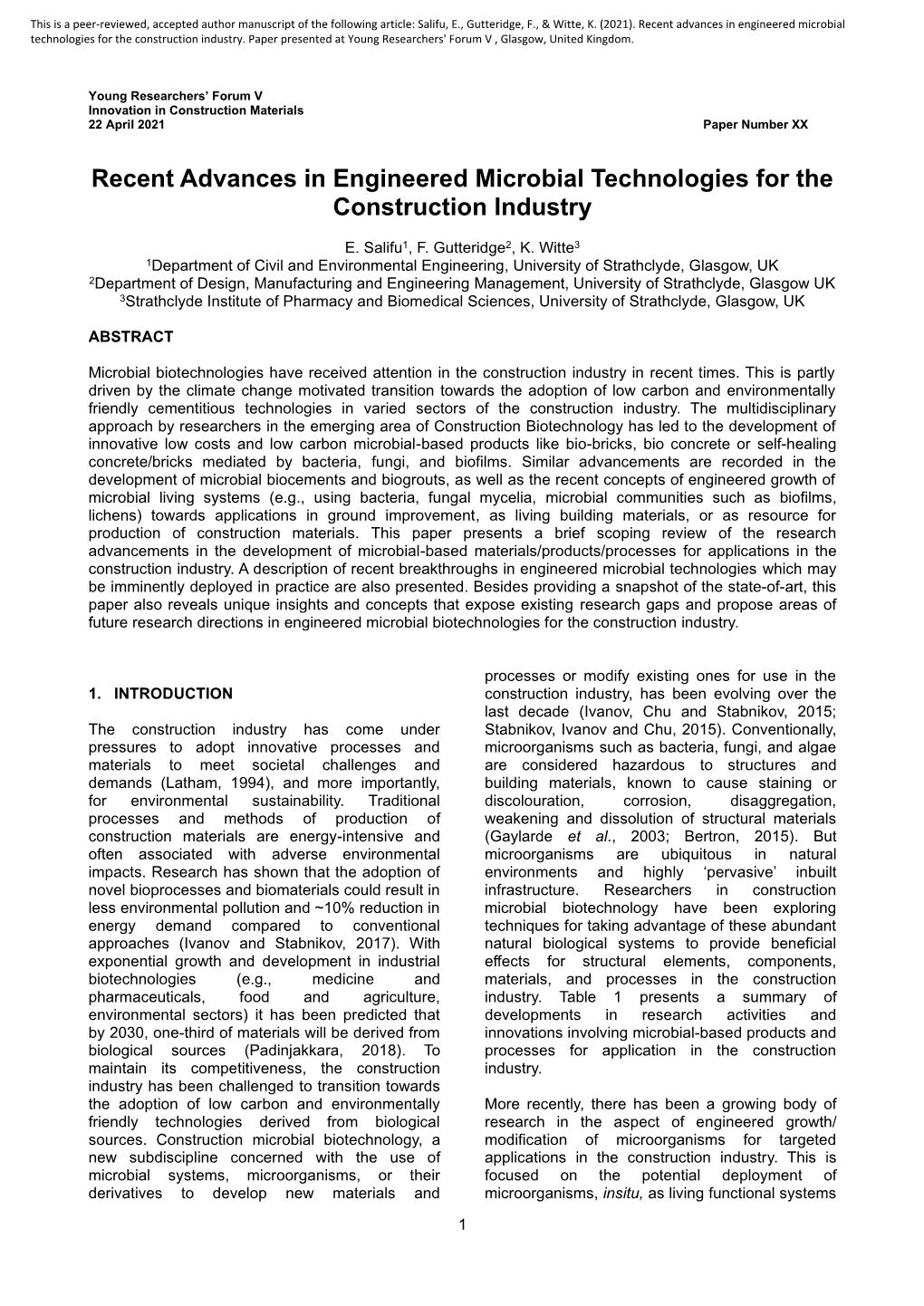 Recent Advances in Engineered Microbial Technologies for the Construction Industry