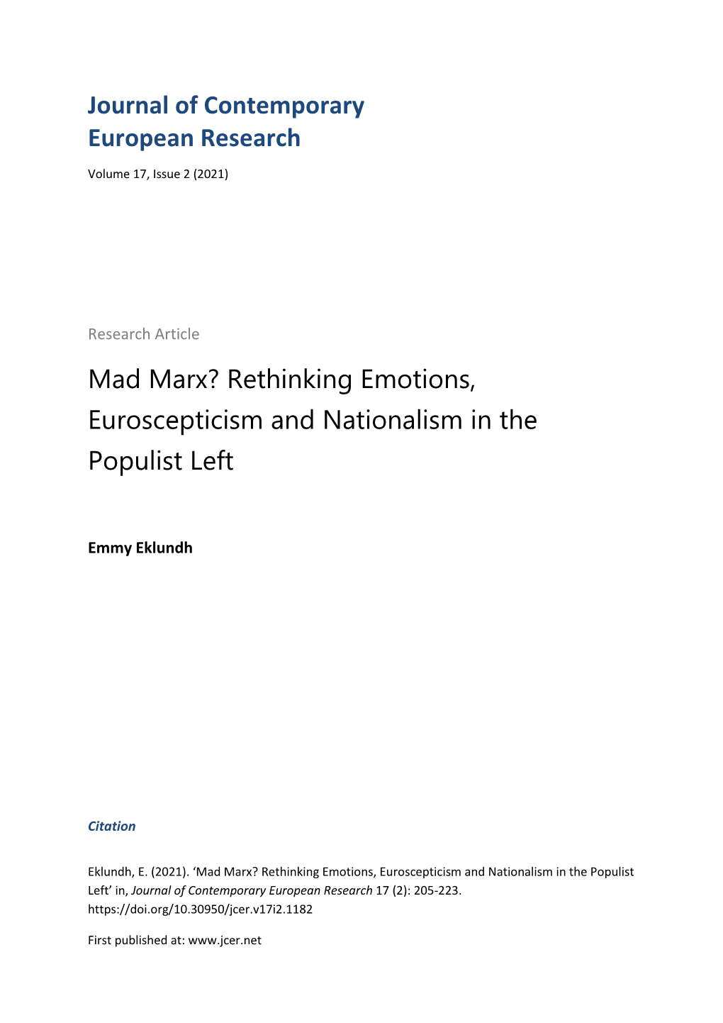 Rethinking Emotions, Euroscepticism and Nationalism in the Populist Left