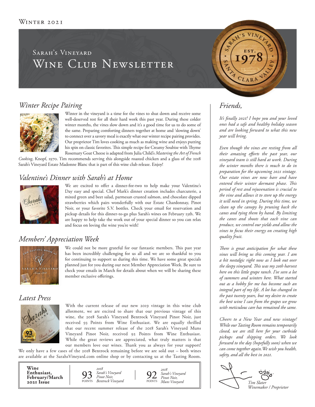 Sarah's Vineyard Wine Club Newsletter