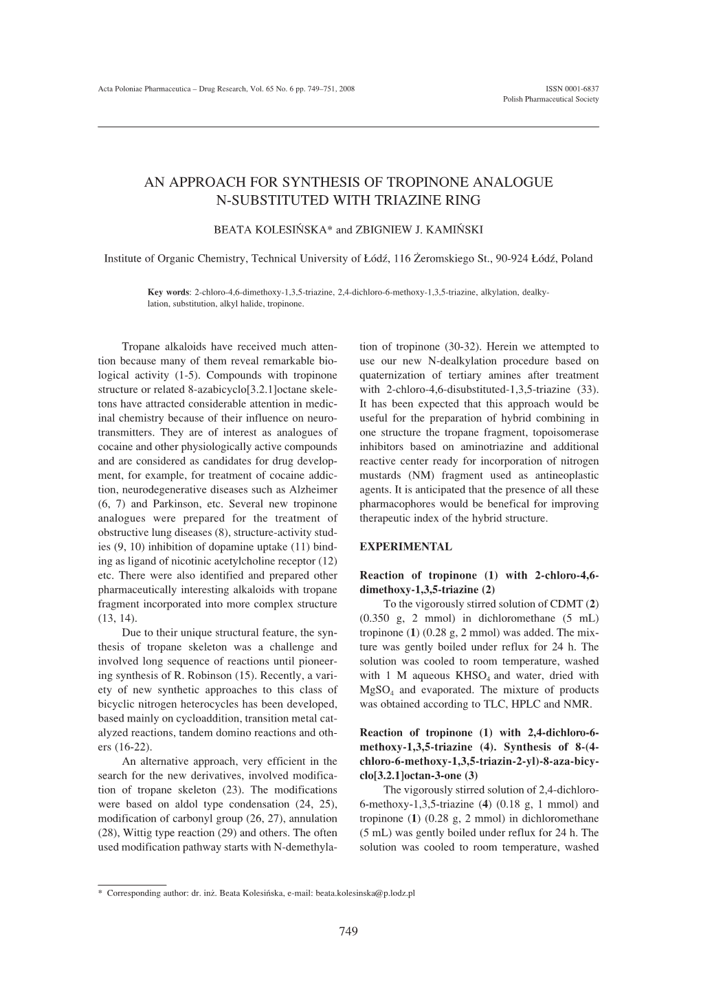 An Approach for Synthesis of Tropinone Analogue N-Substituted with Triazine Ring