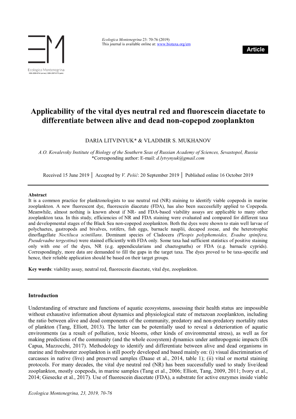 Applicability of the Vital Dyes Neutral Red and Fluorescein Diacetate to Differentiate Between Alive and Dead Non-Copepod Zooplankton