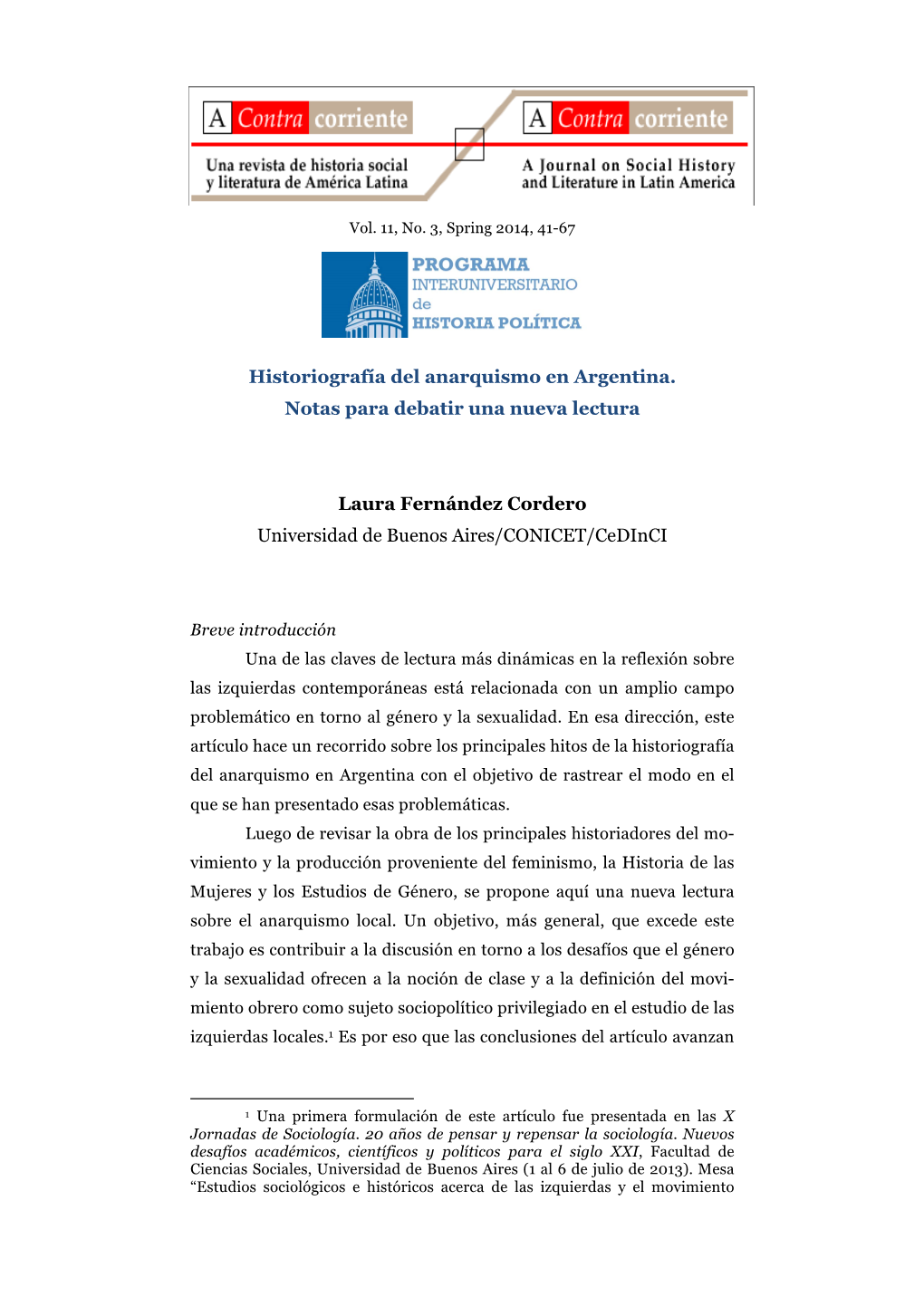 HISTORIOGRAFÍA DEL ANARQUISMO EN ARGENTINA. NOTAS PARA DEBATIR UNA NUEVA LECTURA – Laura Fernández Cordero