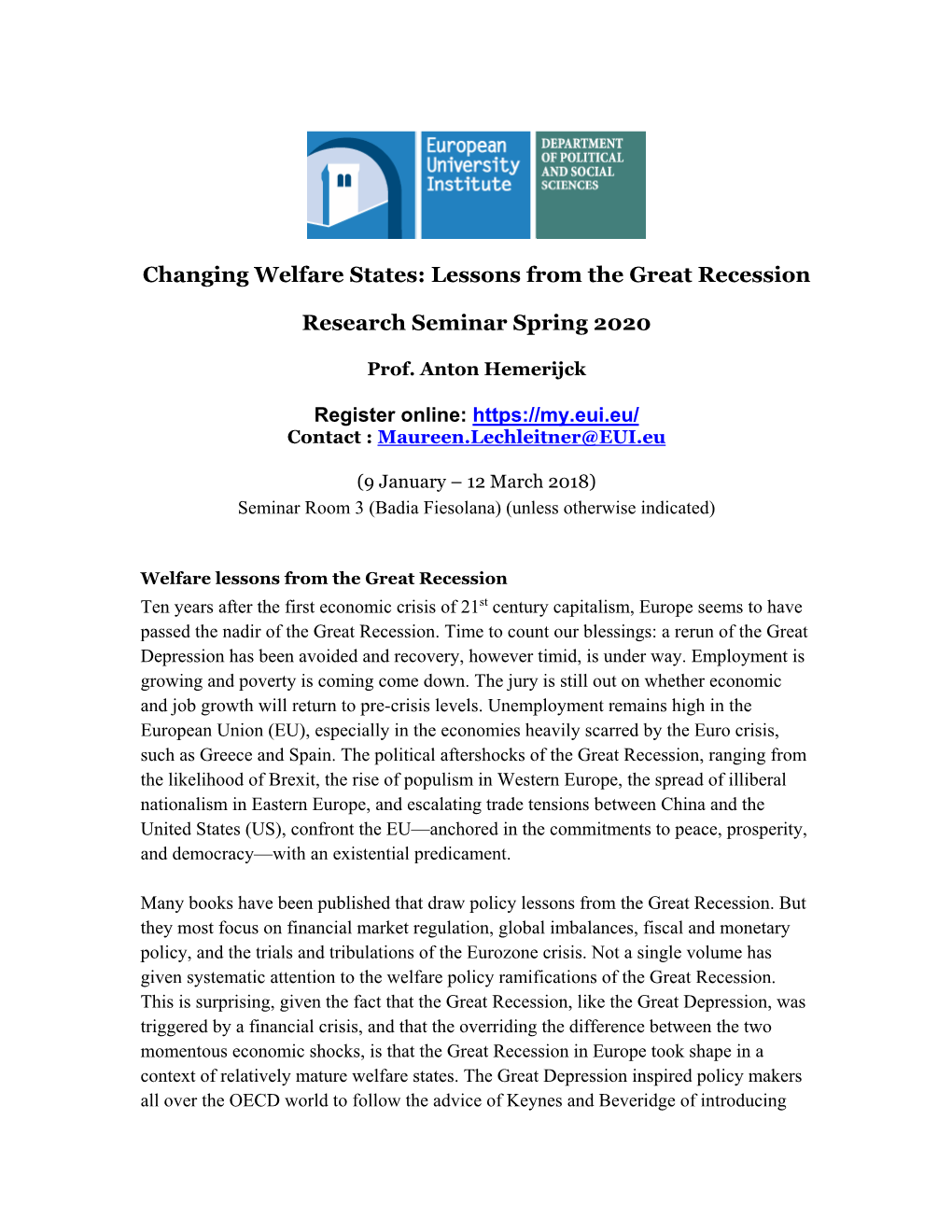 Changing Welfare States: Lessons from the Great Recession