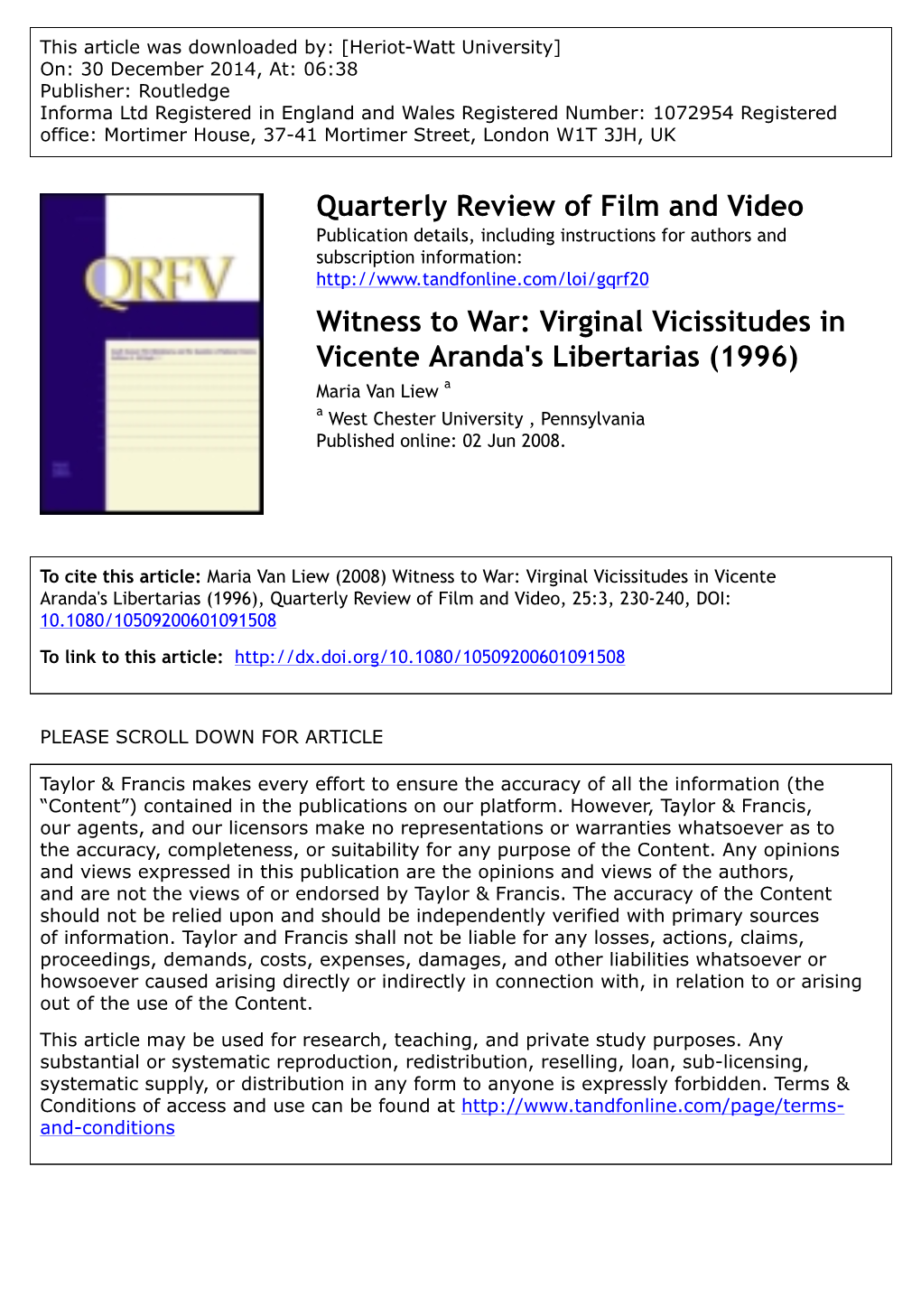 Quarterly Review of Film and Video Witness to War