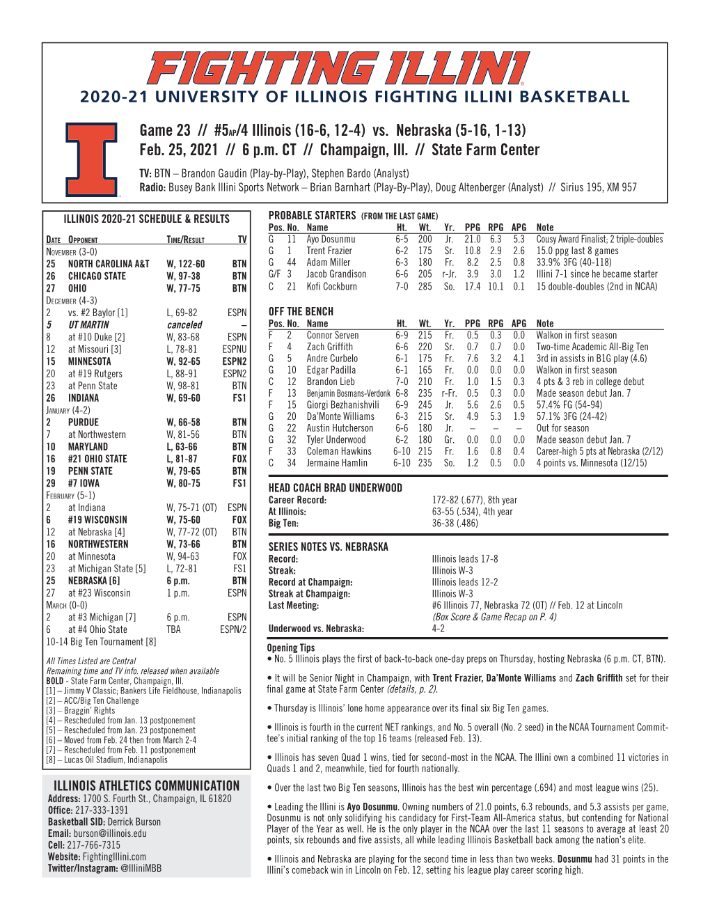 Game 23 // #5AP/4 Illinois (16-6, 12-4) Vs. Nebraska (5-16, 1-13) Feb. 25, 2021 // 6 P.M. CT // Champaign, Ill.