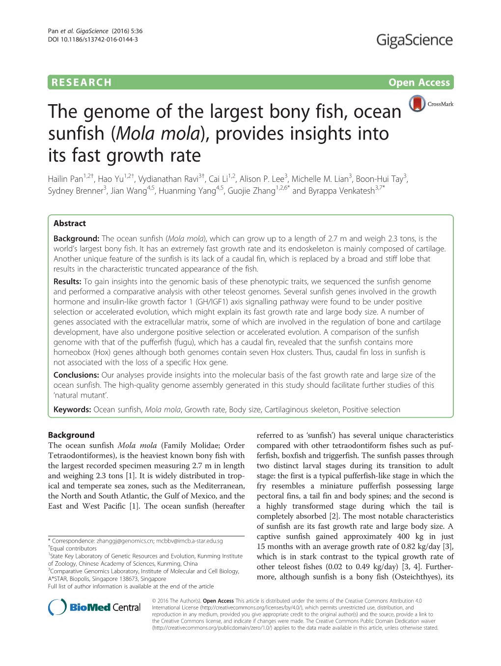 The Genome of the Largest Bony Fish, Ocean Sunfish (Mola