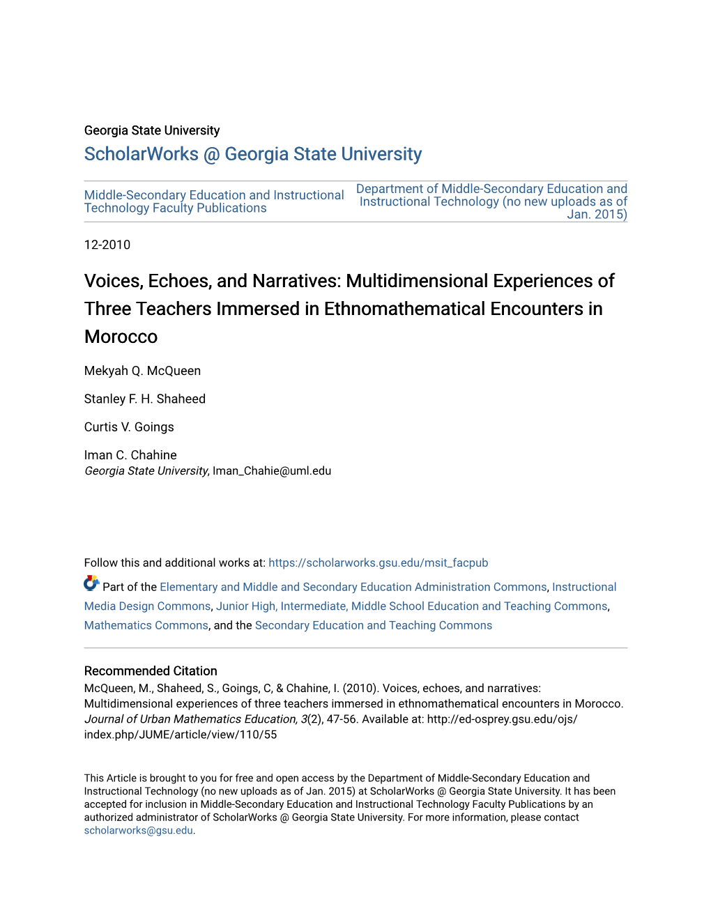 Voices, Echoes, and Narratives: Multidimensional Experiences of Three Teachers Immersed in Ethnomathematical Encounters in Morocco