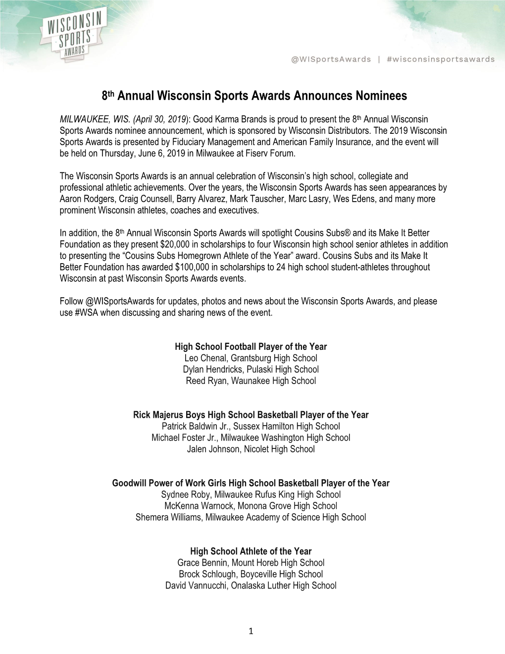 8Th Annual Wisconsin Sports Awards Announces Nominees
