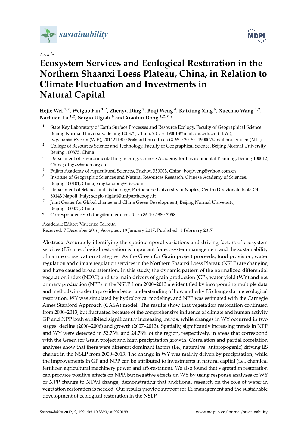 Ecosystem Services and Ecological Restoration in the Northern Shaanxi Loess Plateau, China, in Relation to Climate Fluctuation and Investments in Natural Capital