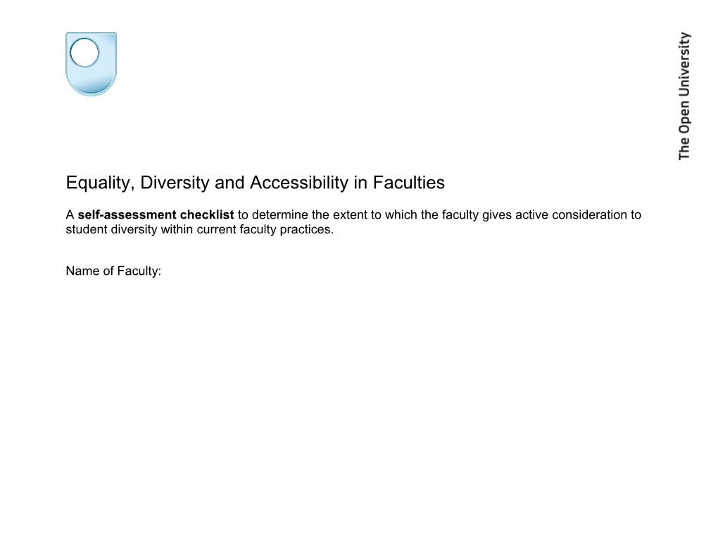 Student Diversity Self Assessment Checklist for Faculties and Schools