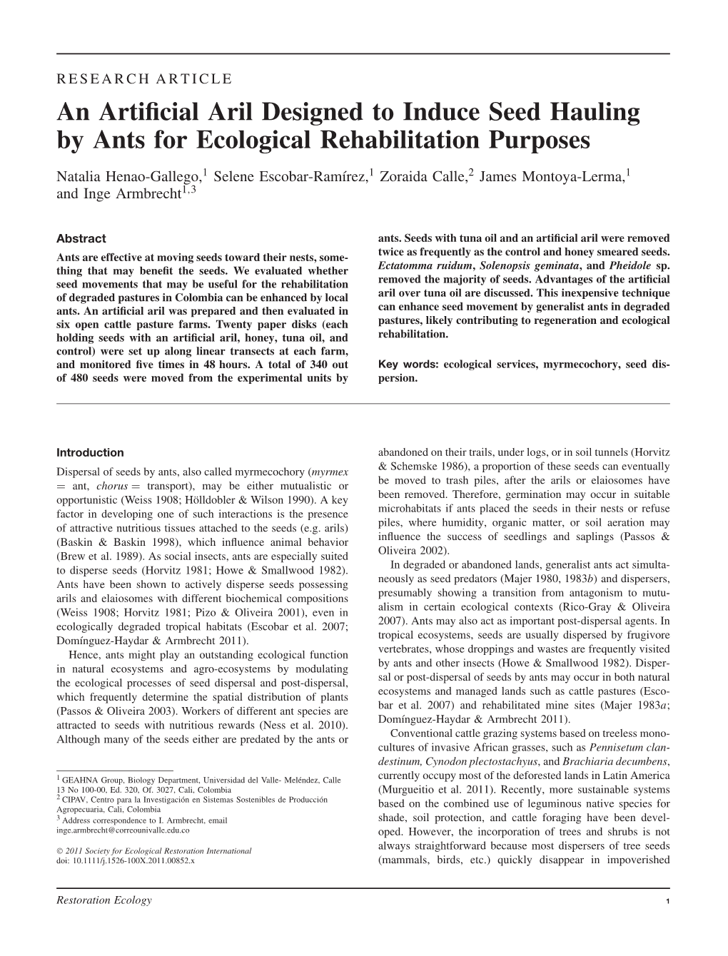 An Artificial Aril Designed to Induce Seed Hauling by Ants for Ecological Rehabilitation Purposes