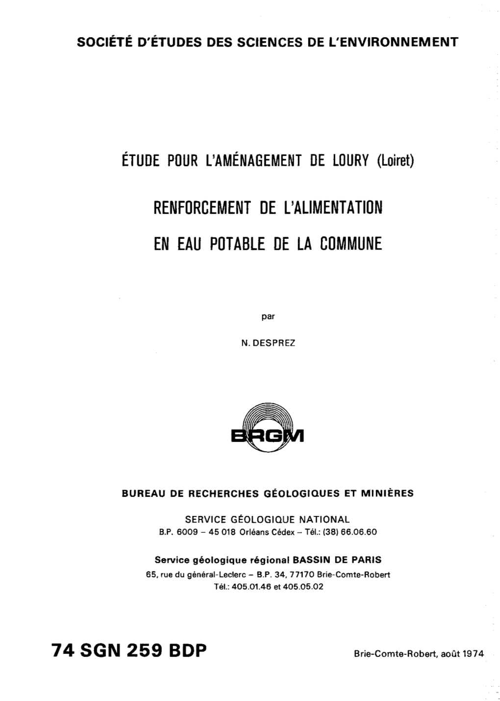 74SGN259 BDP Brie-Comte-Robert, Août 1974 Société D'études Des Sciences De L'environnement