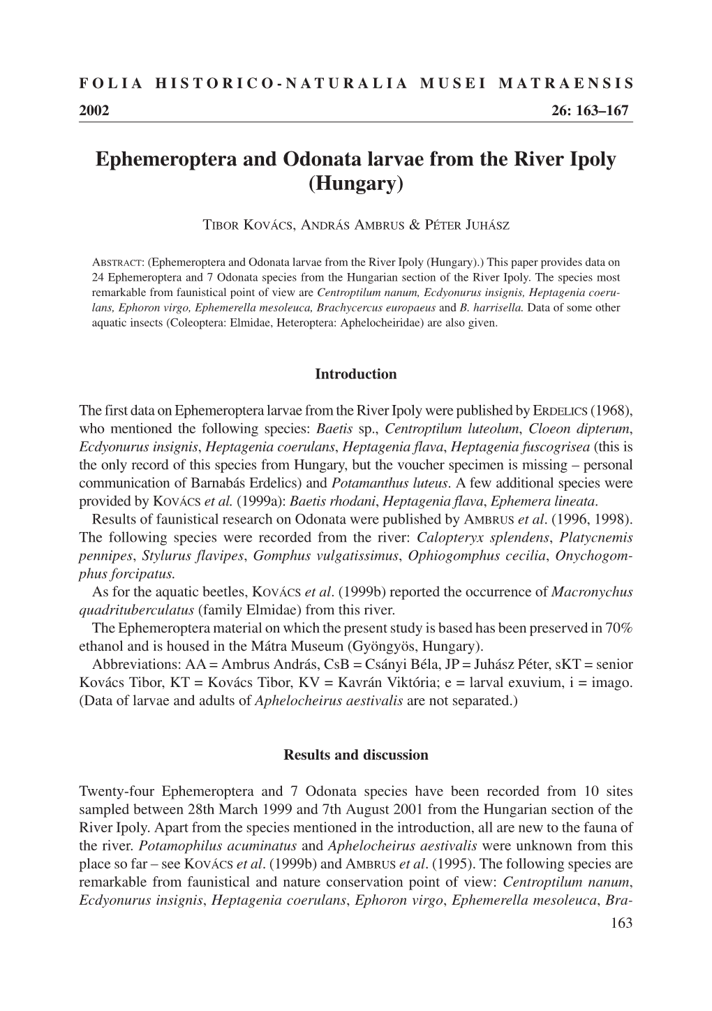 Ephemeroptera and Odonata Larvae from the River Ipoly (Hungary)