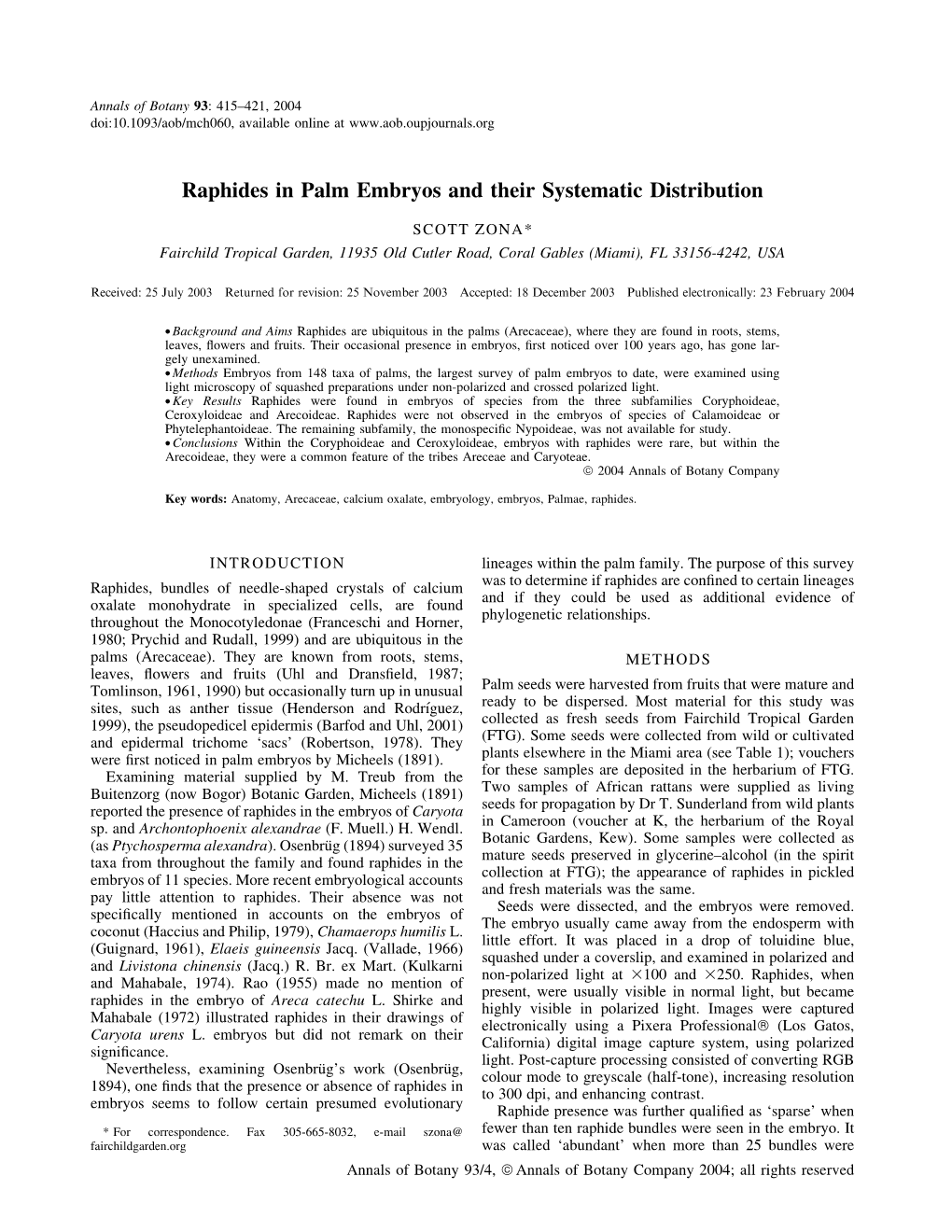 Raphides in Palm Embryos and Their Systematic Distribution