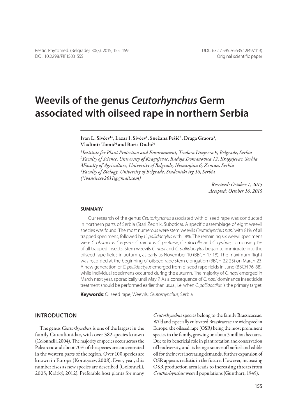 Weevils of the Genus Ceutorhynchus Germ Associated with Oilseed Rape in Northern Serbia