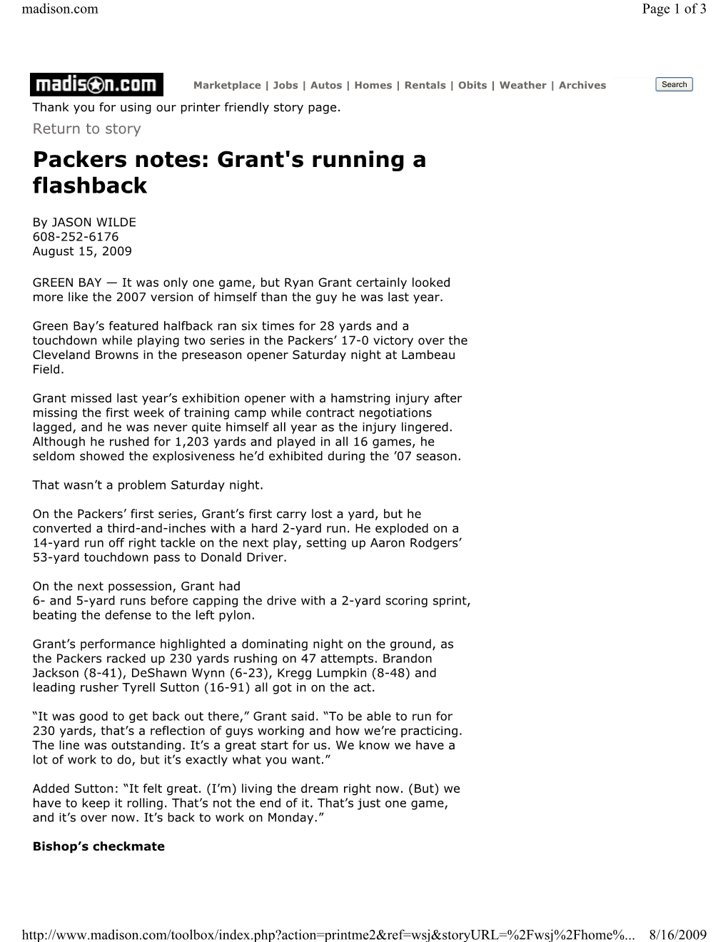 Packers Notes: Grant's Running a Flashback