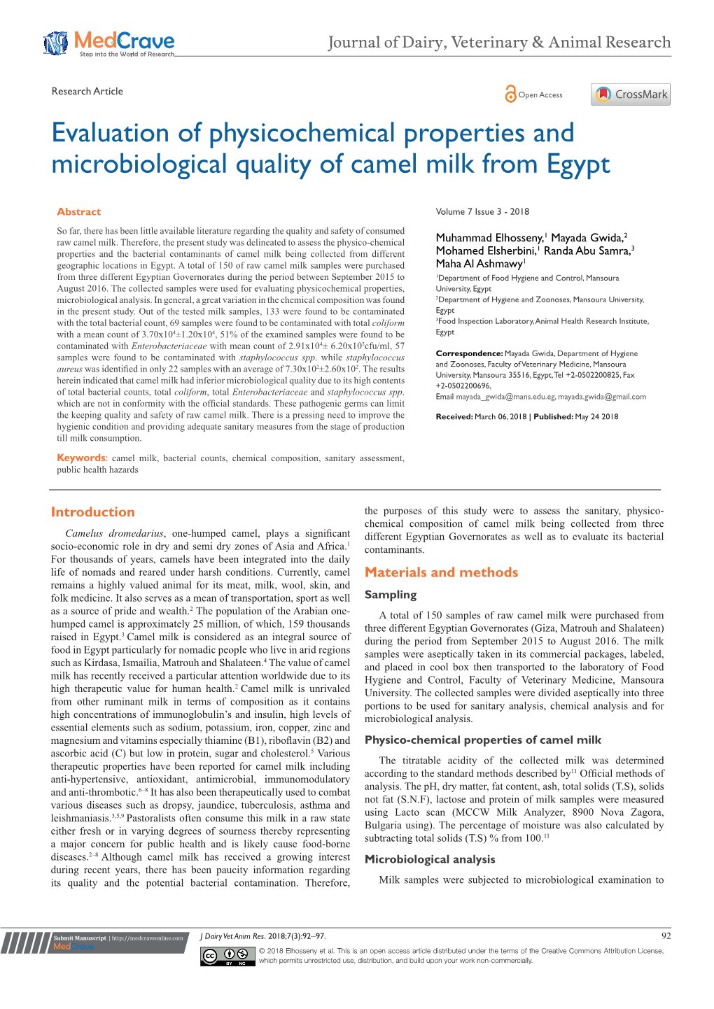 Evaluation of Physicochemical Properties and Microbiological Quality of Camel Milk from Egypt