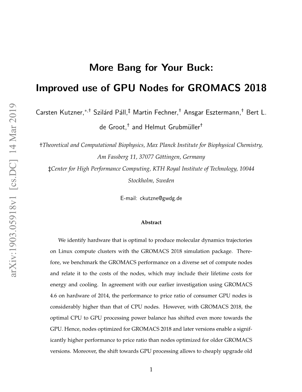 Improved Use of GPU Nodes for GROMACS 2018 Arxiv:1903.05918V1