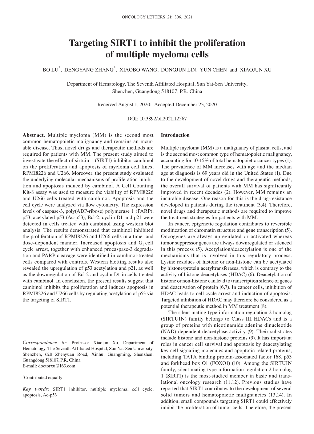 Targeting SIRT1 to Inhibit the Proliferation of Multiple Myeloma Cells