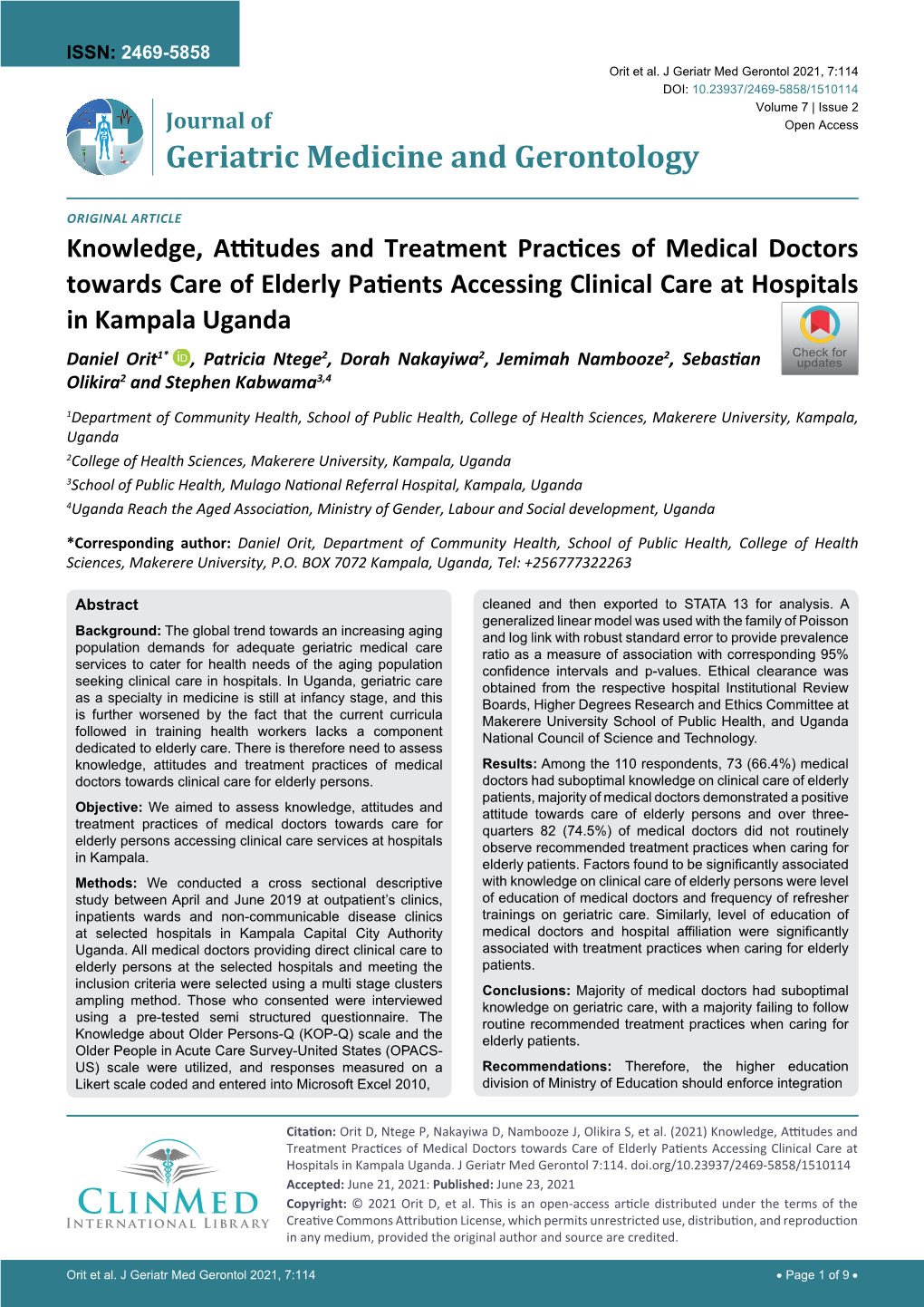 Knowledge, Attitudes and Treatment Practices of Medical Doctors Towards Care of Elderly Patients Accessing Clinical Care at Hospitals in Kampala Uganda