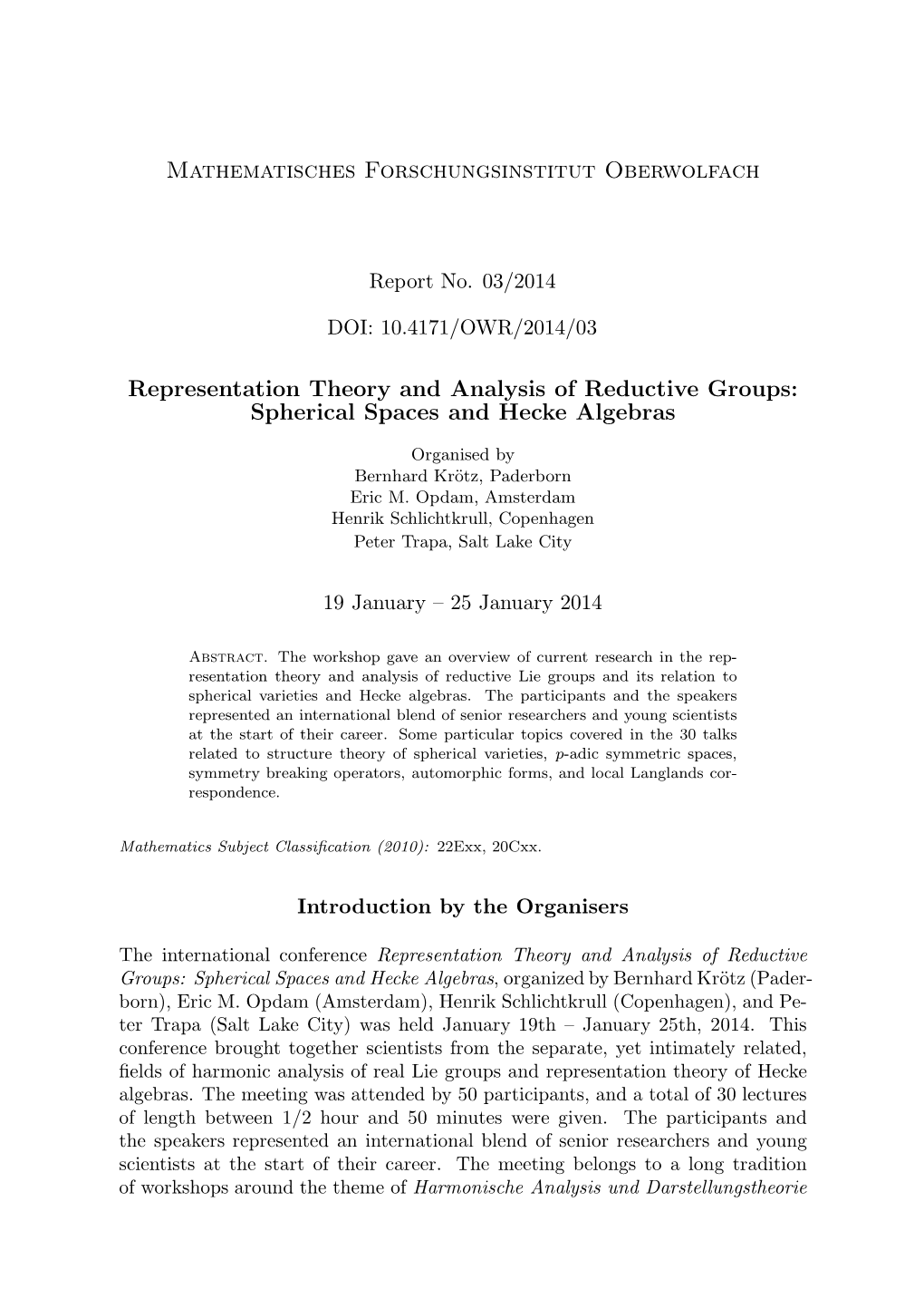 Mathematisches Forschungsinstitut Oberwolfach Representation