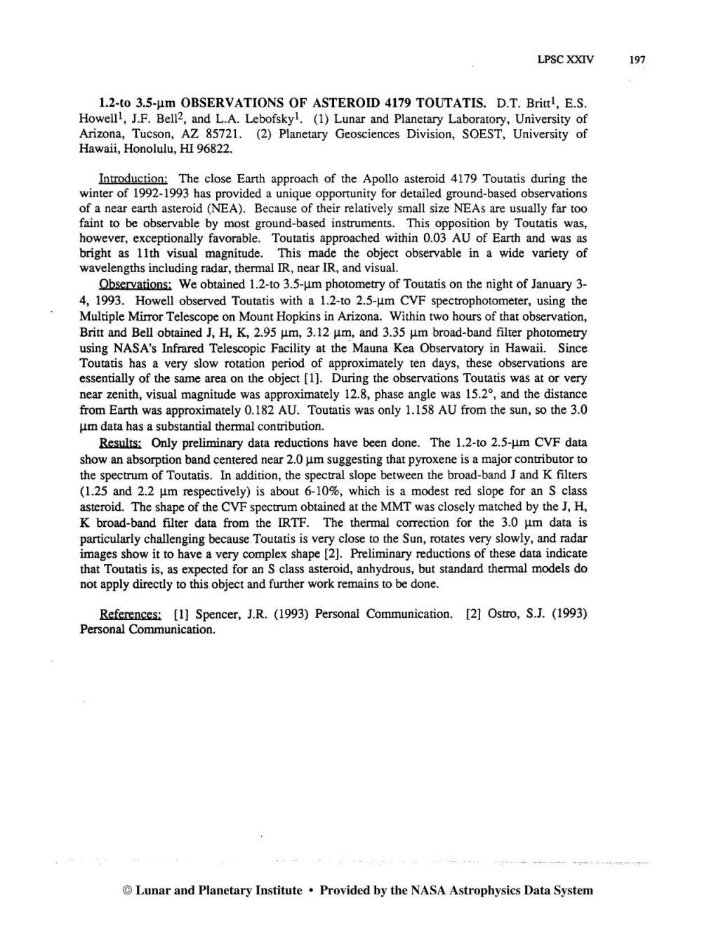 1.2-To 3.5-Pm OBSERVATIONS of ASTEROID 4179 TOUTATIS. D.T. Brittl, E.S