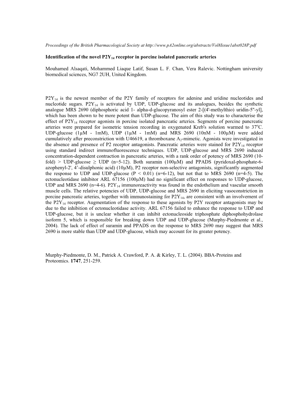 Identification of the Novel P2Y14 Receptor in Porcine Isolated Pancreatic Arteries