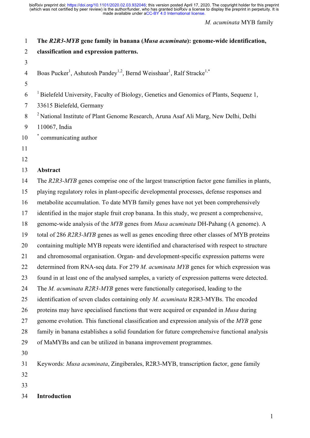 The R2R3-MYB Gene Family in Banana (Musa Acuminata): Genome-Wide Identification, 2 Classification and Expression Patterns