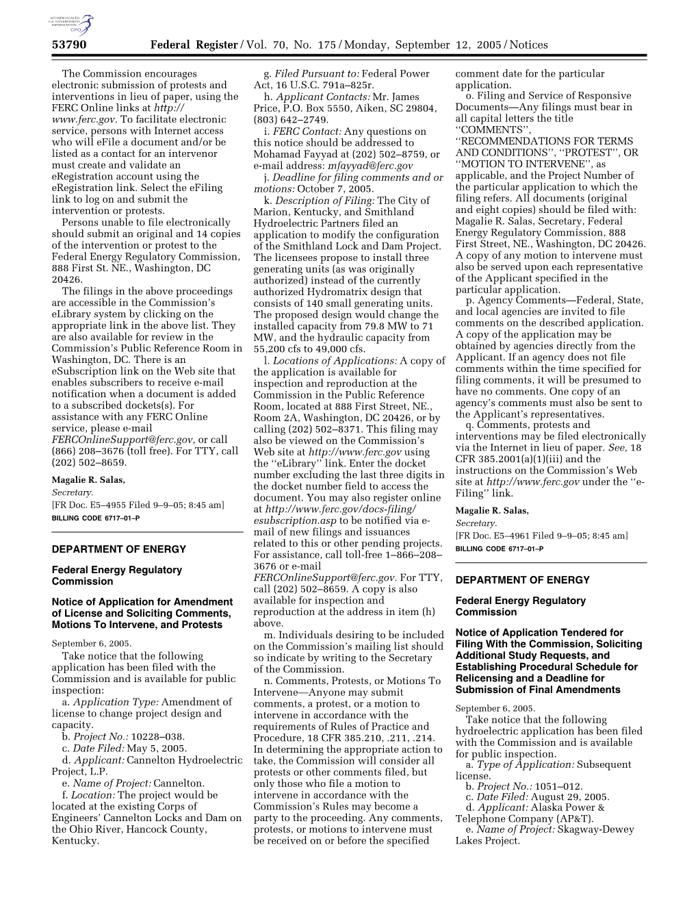 Federal Register/Vol. 70, No. 175/Monday, September 12, 2005