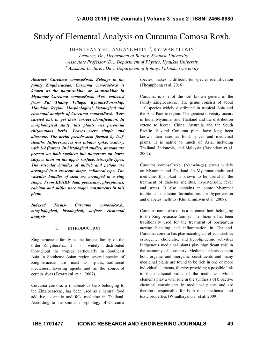 Study of Elemental Analysis on Curcuma Comosa Roxb