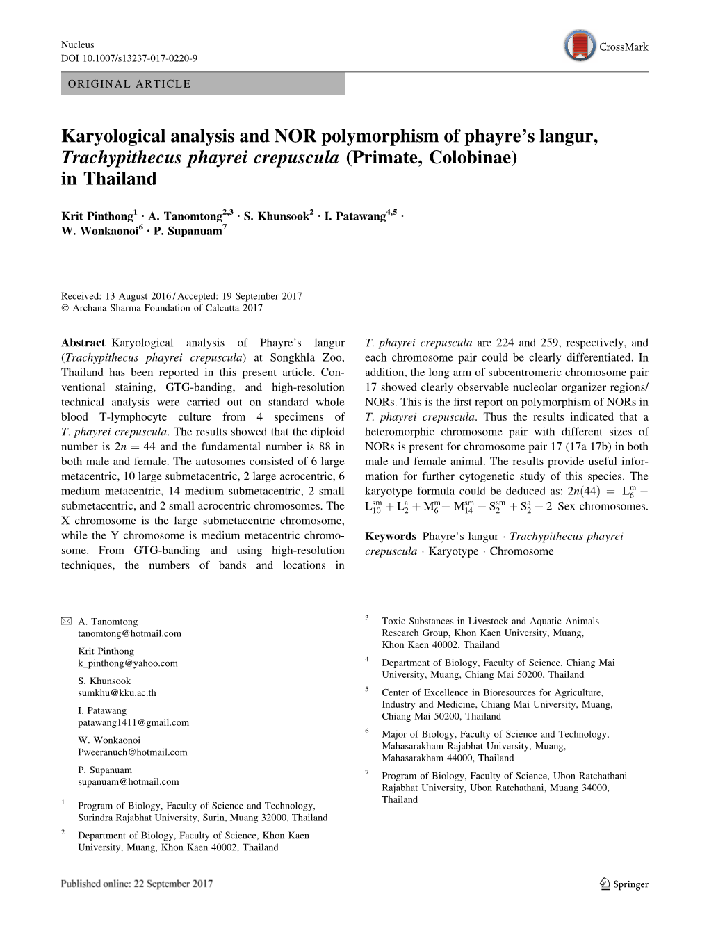 Karyological Analysis and NOR Polymorphism of Phayre's Langur