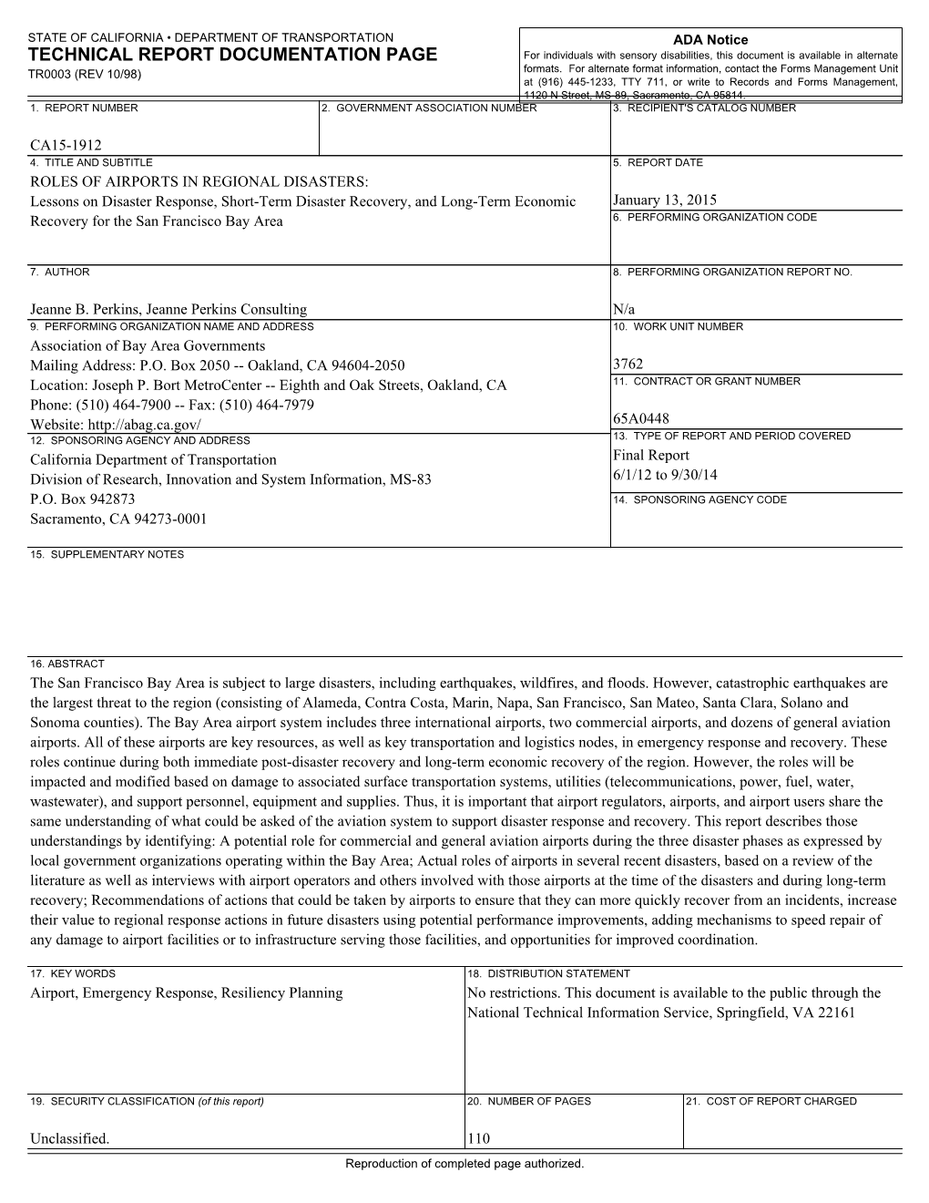 Lessons on Disaster Response, Short-Term Disaster Recovery, and Long-Term Economic January 13, 2015 Recovery for the San Francisco Bay Area 6