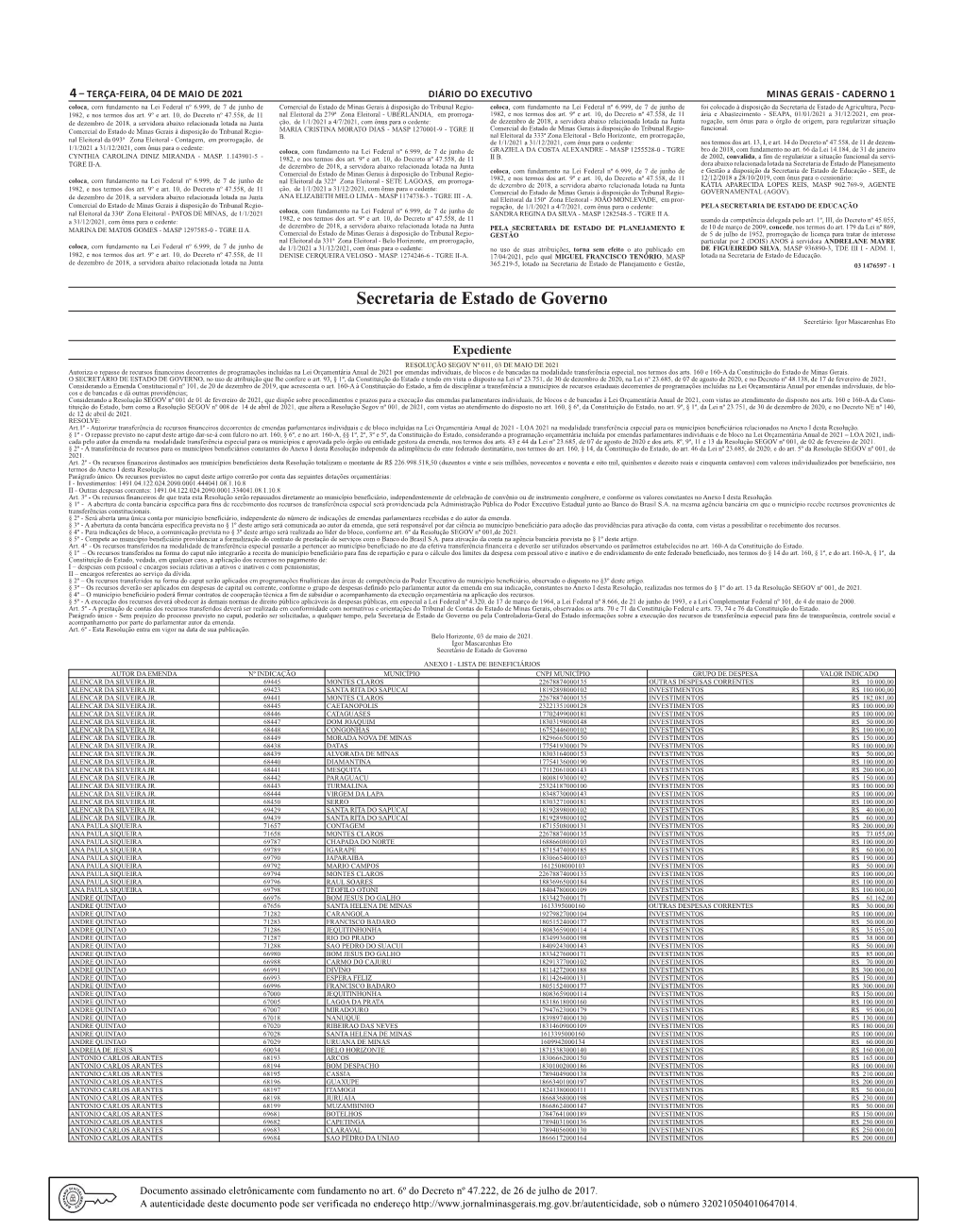 Resolução SEGOV Nº 011, 03 De Maio De 2021