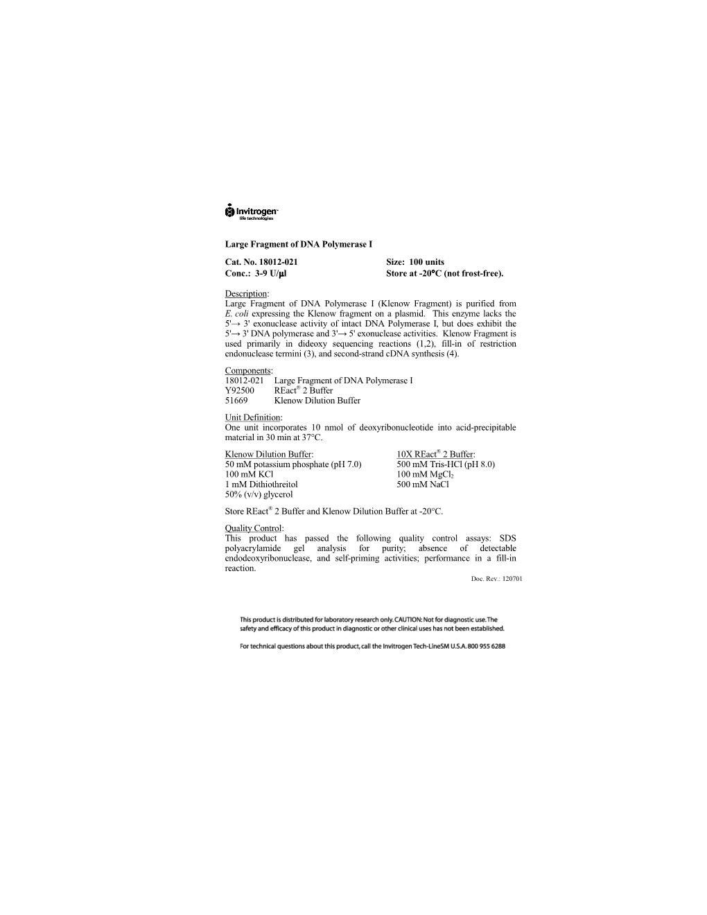 Large Fragment of DNA Polymerase I Cat