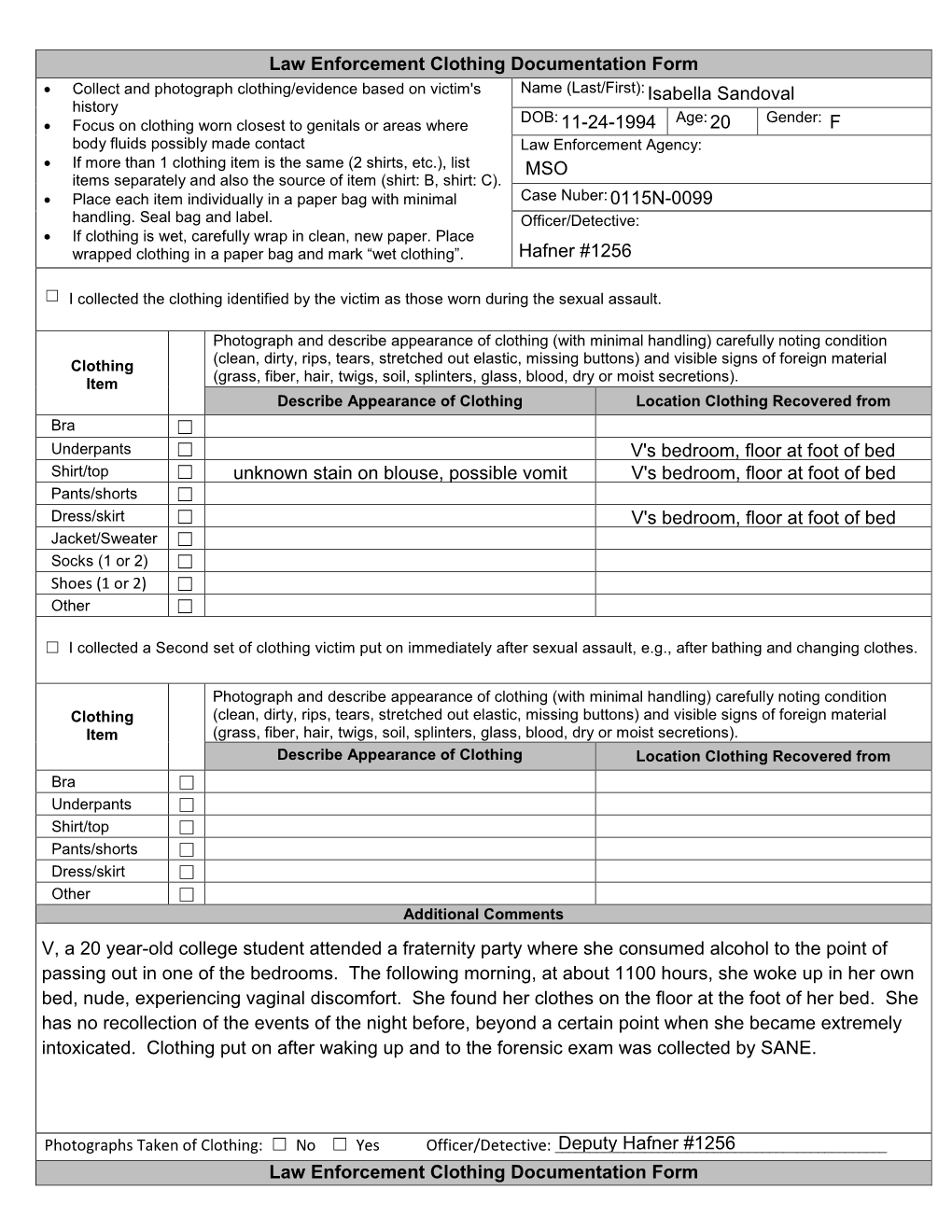 Law Enforcement Clothing Documentation Form