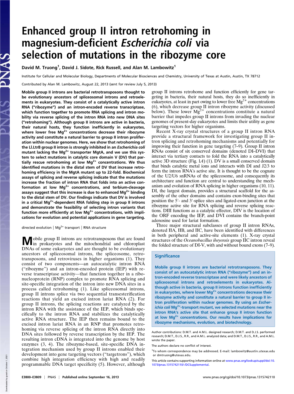 Enhanced Group II Intron Retrohoming in Magnesium-Deficient Escherichia Coli Via Selection of Mutations in the Ribozyme Core