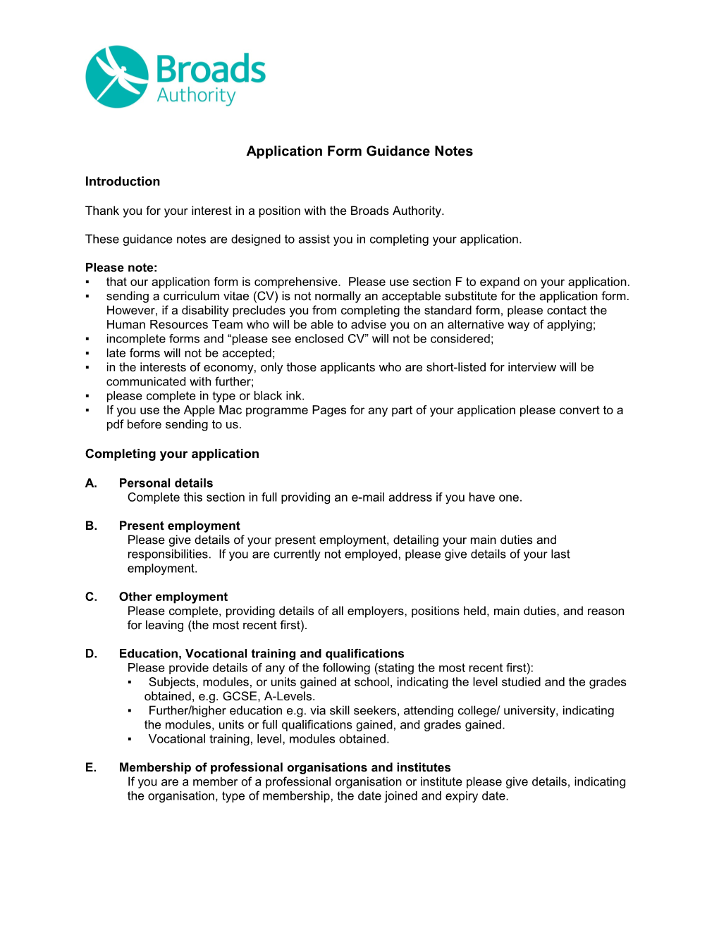 Application Form Guidance Notes