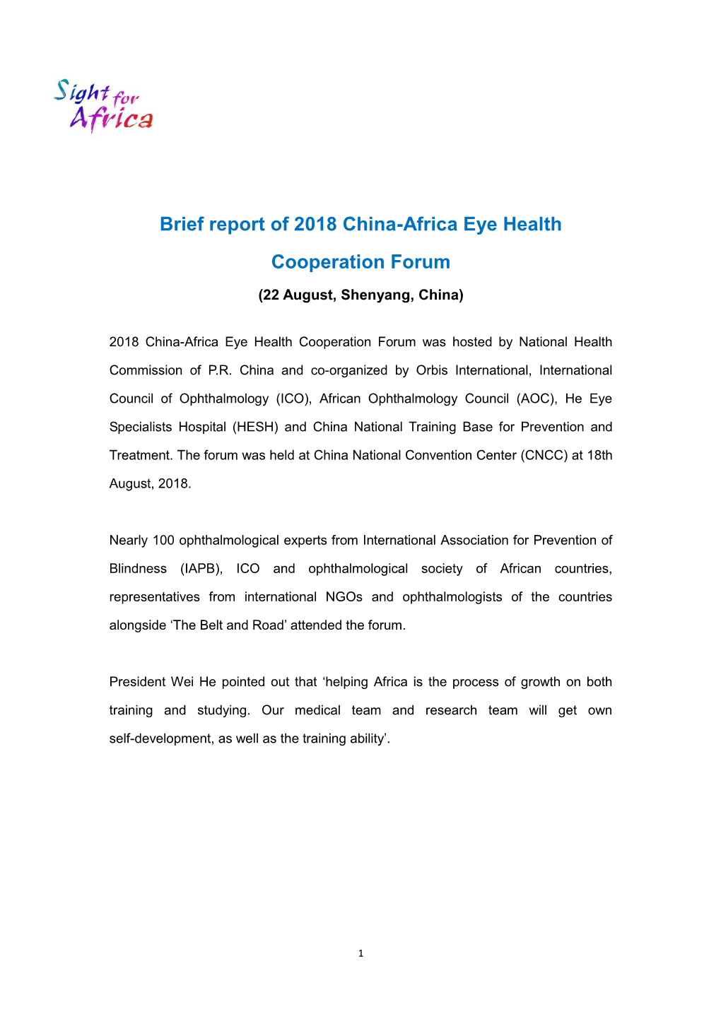 Brief Report of 2018 China-Africa Eye Health Cooperation Forum