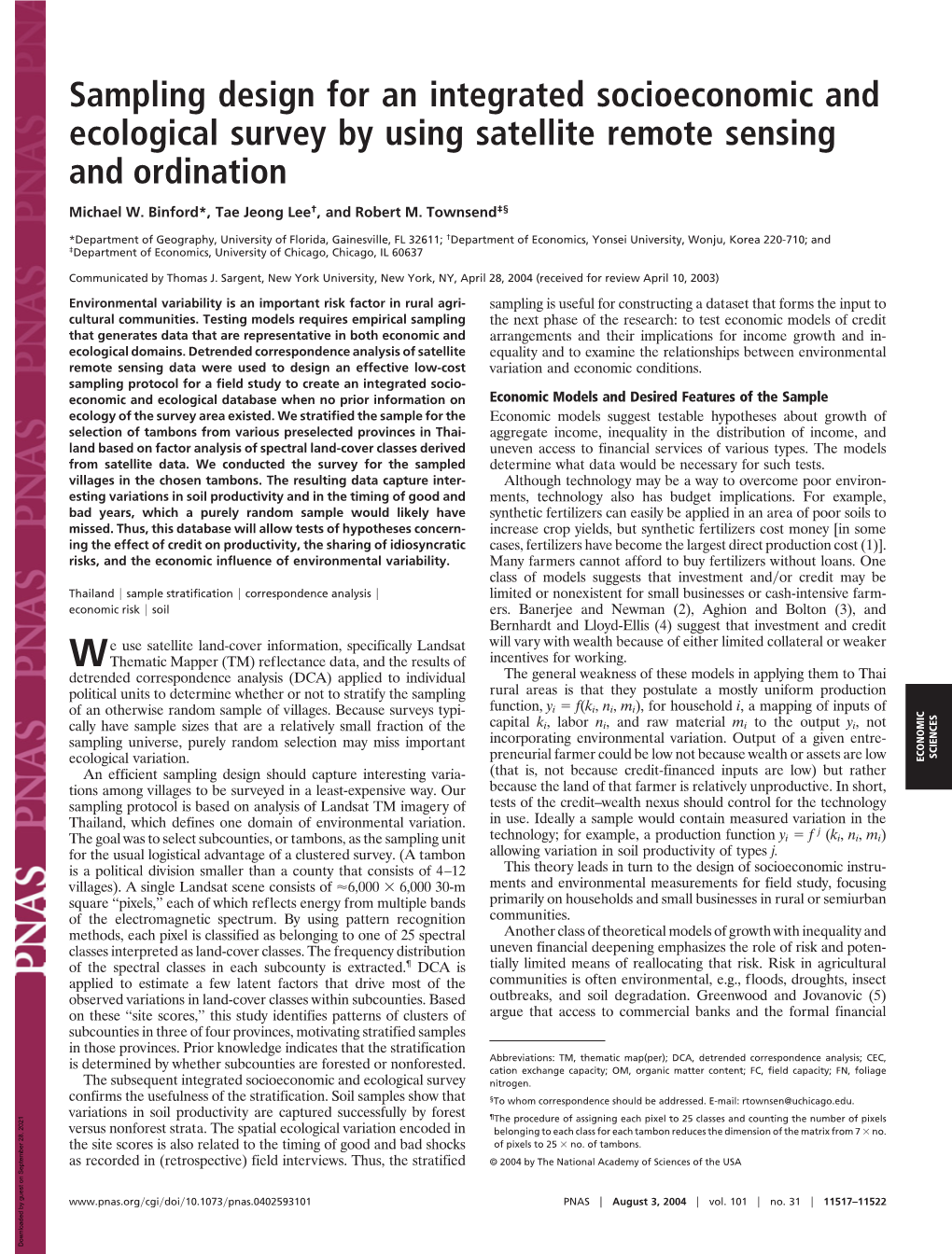 Sampling Design for an Integrated Socioeconomic and Ecological Survey by Using Satellite Remote Sensing and Ordination