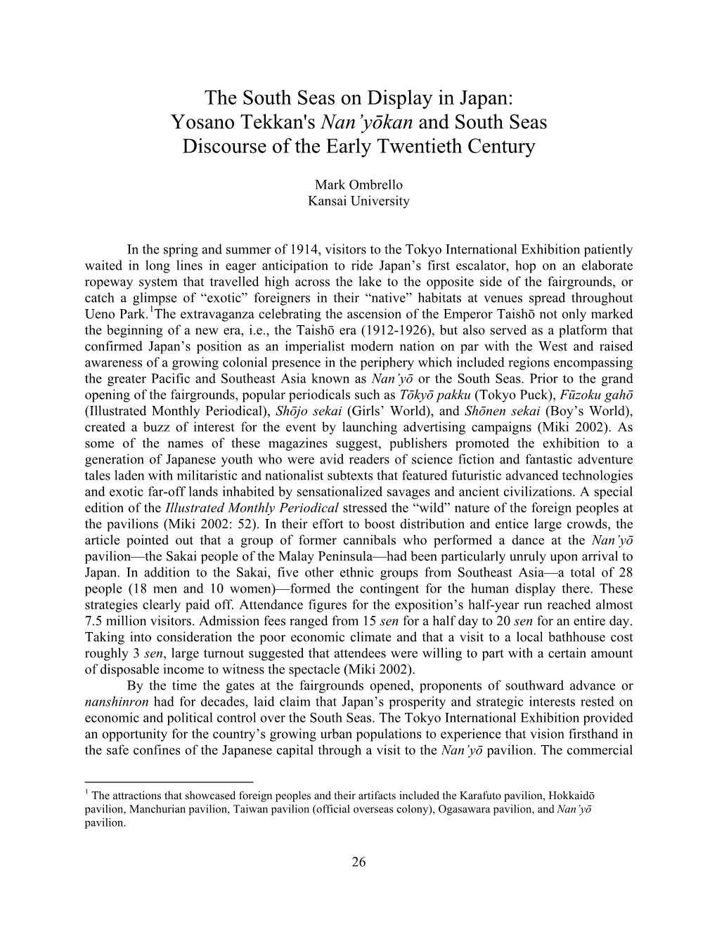 The South Seas on Display in Japan: Yosano Tekkan's Nan'yōkan And